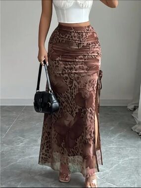 Brown Floral Leopard Sheer Maxi Skirt